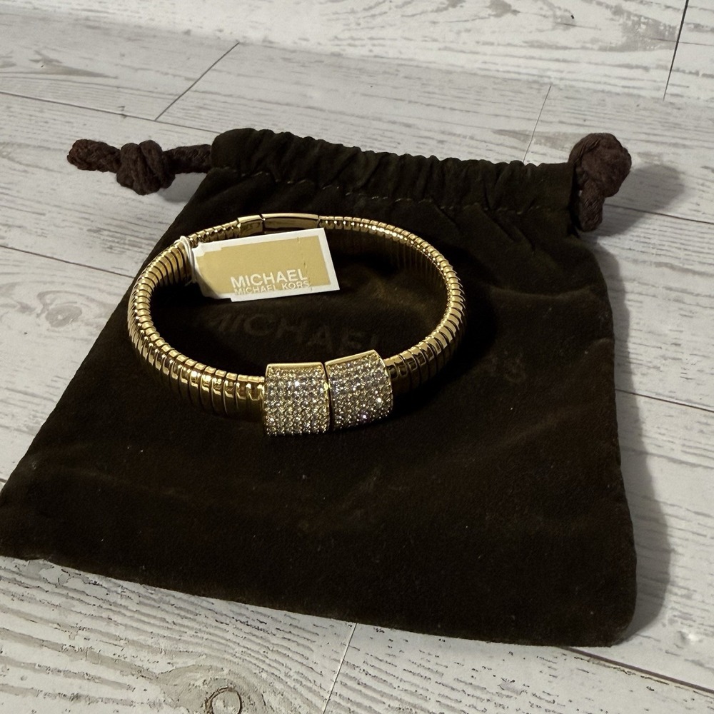 Michael Kors MK Gold Tone Pavé Crystal Hinged Bangle Bracelet Designer Bling Bag
